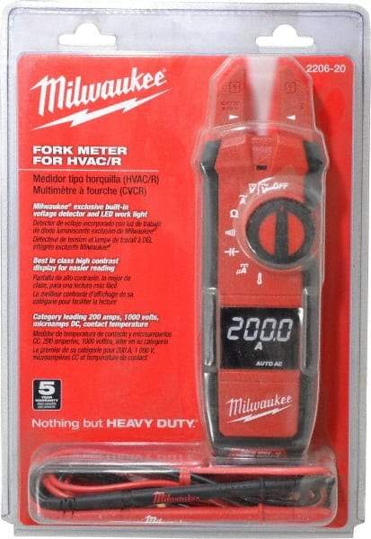 Milwaukee Tool - 2206-20, CAT IV, CAT III, Digital True RMS Clamp Meter with 0.63" Fork Jaws - 1000 VAC/VDC, 200 AC/DC Amps, Measures Voltage, Capacitance, Continuity, Current, Resistance, Temperature - All Tool & Supply