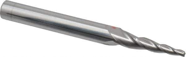 Accupro - 5° Taper Angle per Side, 3/32" Small End Diam, 1" LOC, Solid Carbide 3 Flute Tapered Square End Mill - 3" OAL, 3/8" Shank Diam, Spiral Flute - All Tool & Supply