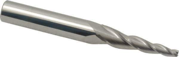 Accupro - 5° Taper Angle per Side, 1/8" Small End Diam, 1-1/4" LOC, Solid Carbide 3 Flute Tapered Square End Mill - 3-1/2" OAL, 3/8" Shank Diam, Spiral Flute - All Tool & Supply