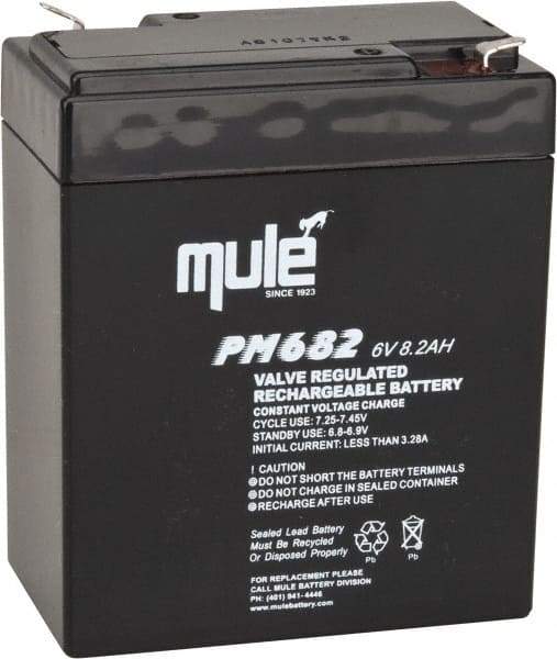 Mule - Lead-Acid, Quick-Disconnect Tab Terminal, 6 Volt, 8 Amp, Lead Rechargeable Battery - 6.35mm Tab Width x 0.8mm Tab Thickness, 2.2" Wide x 4.61" High x 3.86" Deep - All Tool & Supply