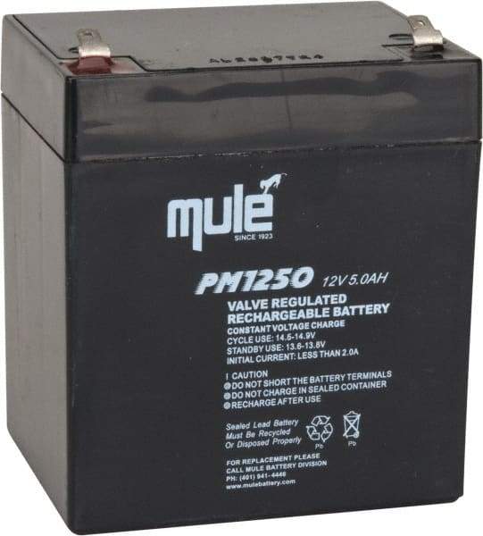 Mule - Lead-Acid, Quick-Disconnect Tab Terminal, 12 Volt, 5 Amp, Lead Rechargeable Battery - 4.8mm Tab Width x 0.8mm Tab Thickness, 2.76" Wide x 4.21" High x 3.54" Deep - All Tool & Supply