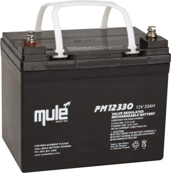 Mule - Lead-Acid, Nut/Bolt Terminal, 12 Volt, 33 Amp, Lead Rechargeable Battery - 6mm Hole Diam, 5.12" Wide x 6.61" High x 7.68" Deep - All Tool & Supply