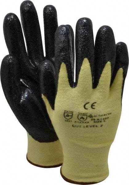 PRO-SAFE - Size L (9), ANSI Cut Lvl A2, Puncture Lvl 1, Abrasion Lvl 3, Nitrile Coated Cut Resistant Gloves - 9" Long, Palm & Fingers Coated, Kevlar/Lycra Lining, Knit Wrist, Yellow/Black, Paired - All Tool & Supply