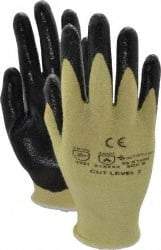 PRO-SAFE - Size S (7), ANSI Cut Lvl A2, Puncture Lvl 1, Abrasion Lvl 3, Nitrile Coated Cut Resistant Gloves - 9" Long, Palm & Fingers Coated, Kevlar/Lycra Lining, Knit Wrist, Yellow/Black, Paired - All Tool & Supply