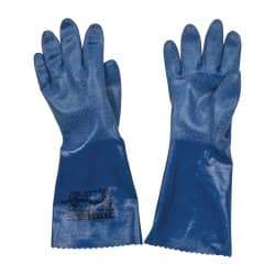 SHOWA - Size S (8), 14" Long, 15 mil Thick, Supported, Nitrile Chemical Resistant Gloves - Textured Finish, Cotton Interlock Knit Lined, Gauntlet Cuff, ANSI Abrasion Level 6, ANSI Cut Level 2, ANSI Puncture Level 2, Blue, FDA Approved - All Tool & Supply