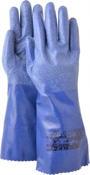 SHOWA - Size M (9), 14" Long, 15 mil Thick, Supported, Nitrile Chemical Resistant Gloves - Textured Finish, Cotton Interlock Knit Lined, Gauntlet Cuff, ANSI Abrasion Level 6, ANSI Cut Level 2, ANSI Puncture Level 2, Blue, FDA Approved - All Tool & Supply