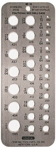 General - #60 Wire to #1 Wire Hole Size Drill Gage - 6-1/2 Inch Long, 2-1/2 Inch Wide, 60 Holes - All Tool & Supply