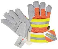 MCR Safety - Size L (9) Split Cowhide General Protection Work Gloves - For General Purpose, Uncoated, Safety Cuff, Full Fingered, Gray/Orange/Yellow, Paired - All Tool & Supply