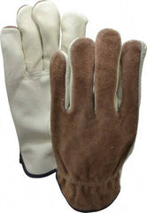 MCR Safety - Size XL (10) Split Back/Grain Palm Cowhide General Protection Work Gloves - For Work & Driver, Uncoated, Slip-On Cuff, Full Fingered, Cream/Blue, Paired - All Tool & Supply