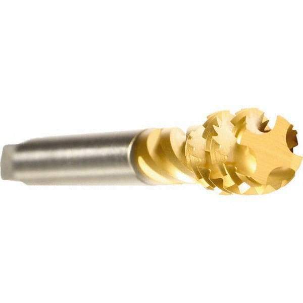 Emuge - 1/2-14 NPS, 45° Helix, 5 Flutes, Bottoming Chamfer, TiN Finish, Cobalt, Spiral Flute Pipe Tap - Right Hand Flute, 0.6299" Shank Diam, 63/64" Thread Length, 0.4724" Square Size, Series Enorm - All Tool & Supply