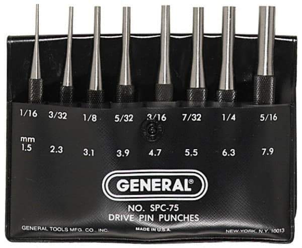 General - 8 Piece, 1/16 to 5/16", Pin Punch Set - Comes in Plastic Case - All Tool & Supply