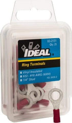 Ideal - 22-18 AWG Partially Insulated Crimp Connection Circular Ring Terminal - 1/4" Stud, 1.055" OAL x 0.394" Wide, Tin Plated Brass Contact - All Tool & Supply