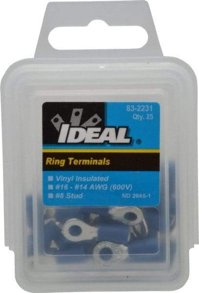 Ideal - 16-14 AWG Partially Insulated Crimp Connection Circular Ring Terminal - #8 Stud, 0.858" OAL x 0.394" Wide, Tin Plated Brass Contact - All Tool & Supply