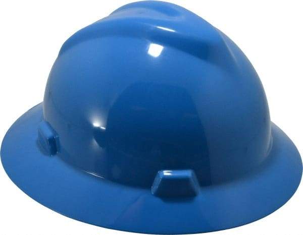 MSA - ANSI Type I, Class E Rated, 8-Point, Pin Lock Adjustment Hard Hat - Size 6-1/2 to 8, Blue, Full Brim - All Tool & Supply