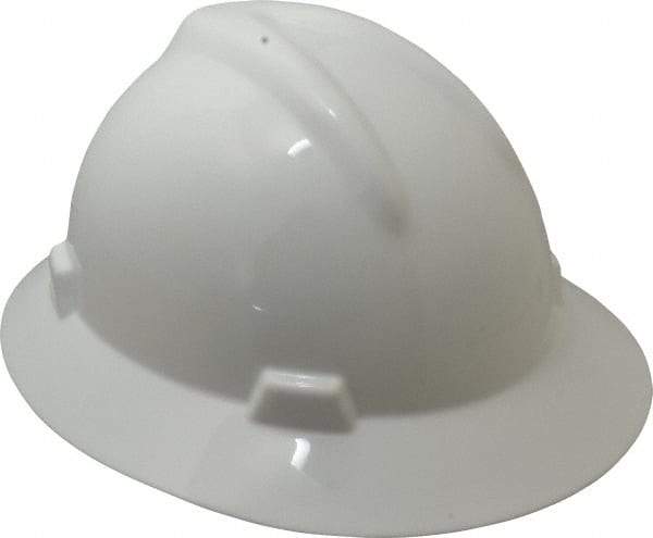 MSA - ANSI Type I, Class E Rated, 8-Point, Pin Lock Adjustment Hard Hat - Size 6-1/2 to 8, White, Full Brim - All Tool & Supply