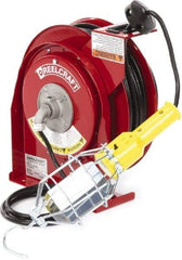 Reelcraft - 16 AWG, 50' Cable Length, Cord & Cable Reel with Incandescent Hand Lamp End - 1 Outlet, NEMA 5-15R, 13 Amps, 125 Volts, SJTOW Cable, Red Reel - All Tool & Supply