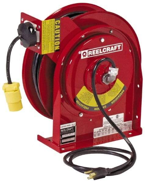 Reelcraft - 12 AWG, 45' Cable Length, Cord & Cable Reel with Outlet End - 1 Outlet, NEMA 5-15R, 15 Amps, 125 Volts, SJEOOW Cable, Red Reel - All Tool & Supply