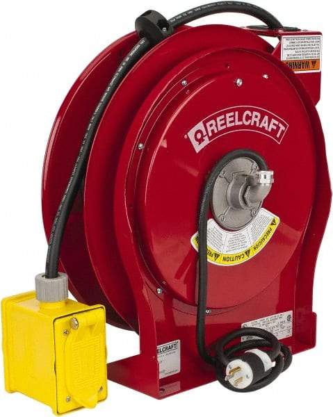 Reelcraft - 12 AWG, 50' Cable Length, Cord & Cable Reel with Duplex GFCI Outlet Box End - 2 Outlets, NEMA 5-15R, 15 Amps, 125 Volts, SEOOW Cable, Red Reel - All Tool & Supply