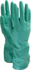 SHOWA - Size S (7), 13" Long, 15 mil Thick, Nitrile Chemical Resistant Gloves - Textured Finish, Slip-On Cuff, ANSI Abrasion Level 4, ANSI Cut Level 0, ANSI Puncture Level 1, Green, FDA Approved - All Tool & Supply