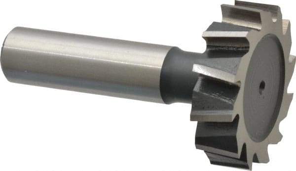 Interstate - 1-3/8" Diam x 3/8" Face Width, High Speed Steel, 14 Teeth, Shank Connection Woodruff Keyseat Cutter - Uncoated, 2-3/8" OAL x 1/2" Shank, Staggered Teeth, ANSI 1211, Old Standard F - All Tool & Supply