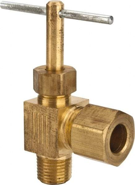 Parker - 5/16 x 1/8" Pipe, Angled Needle Valve - Compression x MNPTF Ends, Brass Valve, 150 Max psi - All Tool & Supply