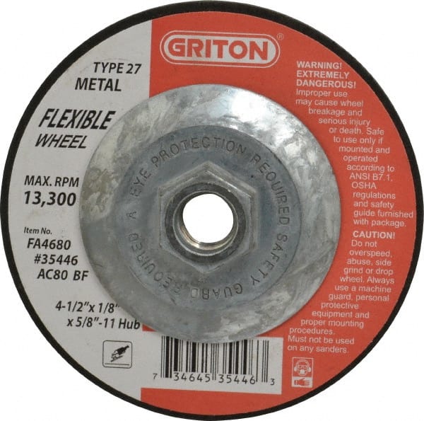 Value Collection - 80 Grit, 4-1/2" Wheel Diam, 1/8" Wheel Thickness, Type 27 Depressed Center Wheel - All Tool & Supply