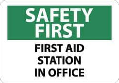 NMC - "Safety First - First Aid Station in Office", 10" Long x 14" Wide, Pressure-Sensitive Vinyl Safety Sign - Rectangle, 0.004" Thick, Use for First Aid - All Tool & Supply