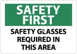 NMC - "Safety First - Safety Glasses Required in This Area", 10" Long x 14" Wide, Aluminum Safety Sign - Rectangle, 0.04" Thick, Use for Accident Prevention - All Tool & Supply