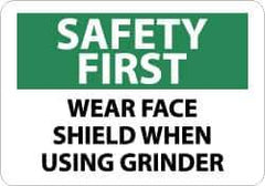 NMC - "Safety First - Wear Face Shield When Using Grinder", 10" Long x 14" Wide, Pressure-Sensitive Vinyl Safety Sign - Rectangle, 0.004" Thick, Use for Accident Prevention - All Tool & Supply