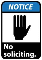 NMC - "Notice - No Soliciting", 14" Long x 10" Wide, Pressure-Sensitive Vinyl Safety Sign - Rectangle, 0.004" Thick, Use for Security & Admittance - All Tool & Supply