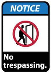 NMC - "Notice - No Trespassing", 14" Long x 10" Wide, Pressure-Sensitive Vinyl Safety Sign - Rectangle, 0.004" Thick, Use for Security & Admittance - All Tool & Supply