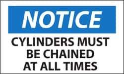 NMC - Accident Prevention Label, Header: NOTICE - Legend: Notice - Cylinders Must Be Chained at All Times, English, Black, Blue & White, 5" Long x 3" High, Sign Muscle Finish - All Tool & Supply