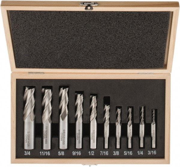 Interstate - 3/16 to 3/4", 4 Flute Square End Mill Set - Uncoated, High Speed Steel, Single End, Centercutting - All Tool & Supply