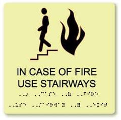 NMC - In Case of Fire - Use Stairway, Plastic Fire Sign - 8" Wide x 8" High, English/Braille, Glow-in-the-Dark - All Tool & Supply