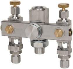 LDI Industries - 5/8-18 Outlet Thread, 1/4 Inlet Thread, Aluminum, Straight Valve, Oil Reservoir Needle Valve Manifold - 2 Outlet, 4-3/16" Wide, NPTF Inlet Thread, UNF Outlet Thread - All Tool & Supply