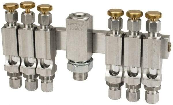 LDI Industries - 5/8-18 Outlet Thread, 1/4 Inlet Thread, Aluminum, Straight Valve, Oil Reservoir Needle Valve Manifold - 6 Outlet, 7-3/16" Wide, NPTF Inlet Thread, UNF Outlet Thread - All Tool & Supply