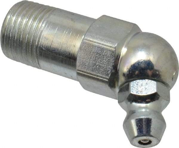 Alemite - 65° Head Angle, 1/8 PTF Carbon Steel Standard Grease Fitting - 7/16" Hex, 1-7/32" Overall Height, 9/16" Shank Length, 10,000 Operating psi, Zinc Plated Finish - All Tool & Supply