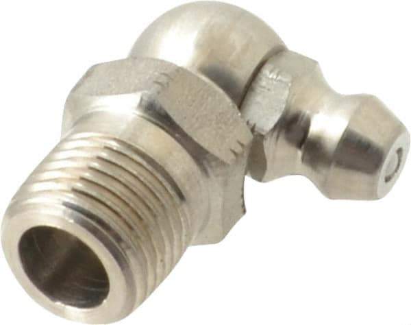 Alemite - 90° Head Angle, 1/8 PTF Stainless Steel Standard Grease Fitting - 7/16" Hex, 7/8" Overall Height, 11/32" Shank Length - All Tool & Supply