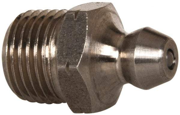 Alemite - 90° Head Angle, 1/4-28 Taper Nickel/Copper Standard Grease Fitting - 3/8" Hex, 3/4" Overall Height, 13/64" Shank Length - All Tool & Supply