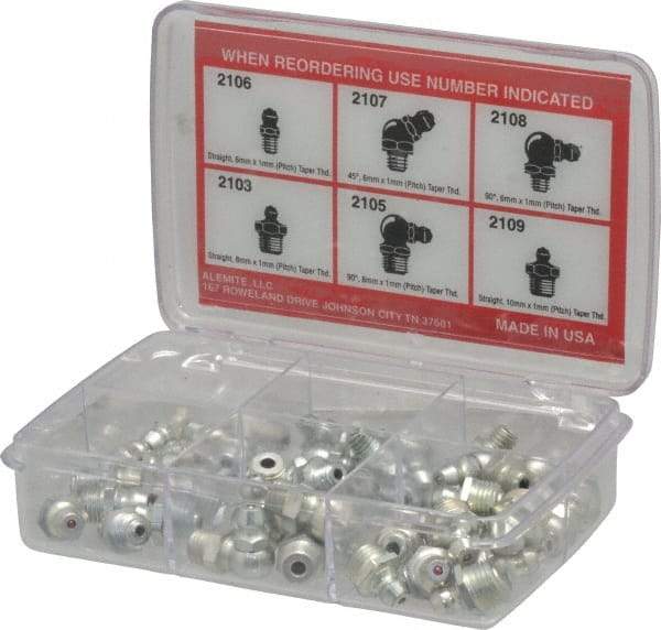 Alemite - 44 Piece, Metric, Box Grease Fitting Set - Includes Metric Thread Types, Includes M10x1: (10) Straight, M6x1: (10) Straight, (6) 45°, (6) 90°, M8x1: (6) Straight, (6) 90° - All Tool & Supply