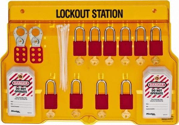 Master Lock - 14 Piece, Equipped Polycarbonate Padlock Station - 22 Inch Wide x 15-1/2 Inch High x 1-3/4 Inch Deep, Black on Yellow, Covered - All Tool & Supply