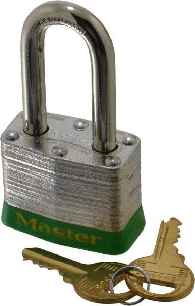 Master Lock - Keyed Different Retaining Key Conductive Lockout Padlock - 1-1/2" Shackle Clearance, 9/32" Shackle Diam, 1-1/4" Body Height x 1-9/16" Body Width, Green, 4 Pins - All Tool & Supply