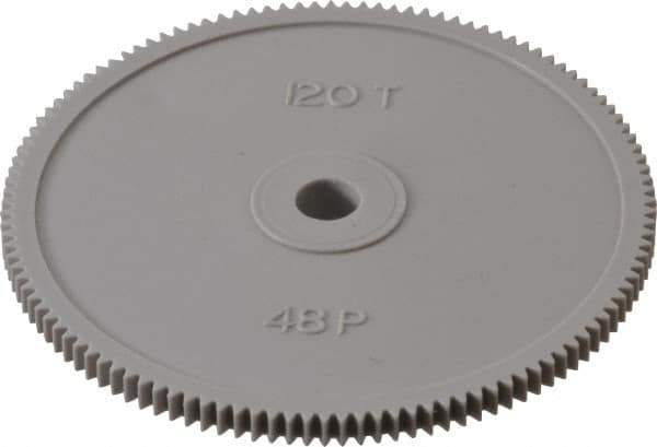 Made in USA - 48 Pitch, 2-1/2" Pitch Diam, 2.542" OD, 120 Tooth Spur Gear - 1/8" Face Width, 1/4" Bore Diam, 39/64" Hub Diam, 20° Pressure Angle, Acetal - All Tool & Supply