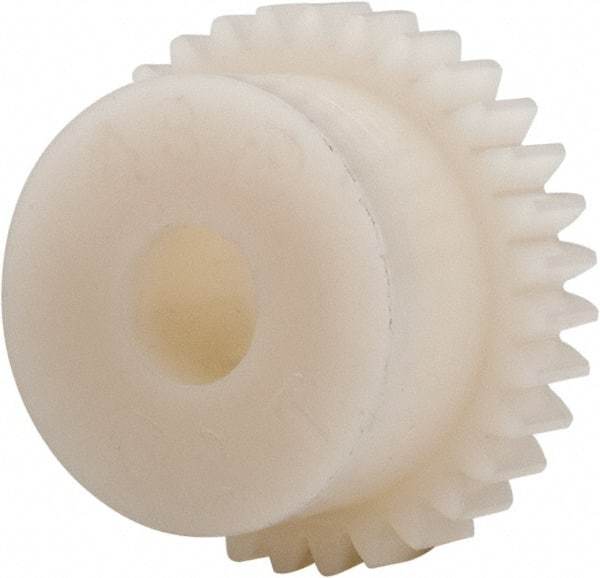 Made in USA - 48 Pitch, 0.667" Pitch Diam, 0.708" OD, 32 Tooth Spur Gear - 1/8" Face Width, 3/16" Bore Diam, 35/64" Hub Diam, 20° Pressure Angle, Acetal - All Tool & Supply