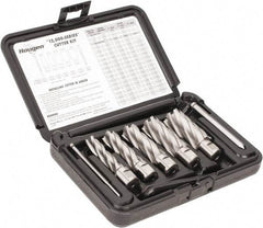 Hougen - 8 Piece, 9/16 to 1-1/16" Cutter Diam, 2" Cutting Depth, High Speed Steel Annular Cutter Set - Bright Finish, 3/4" Shank Diam, 9/16, 11/16, 13/16, 15/16, 1-1/16" Cutter Diams, 2 Flats on Shank - All Tool & Supply