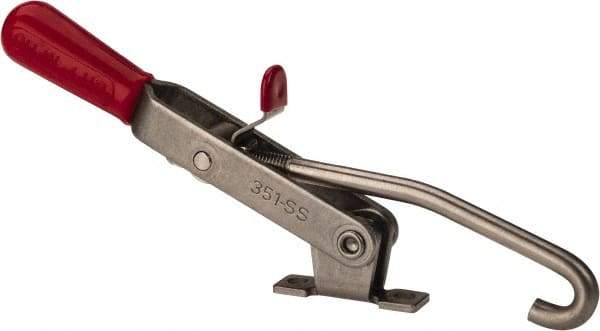 De-Sta-Co - 375 Lb Capacity, Horizontal, J Hook, Right Flanged Base, Stainless Steel Pull Action Latch Clamp - 4" Drawing Movement, 8.82" OAL, Thumb Handle - All Tool & Supply