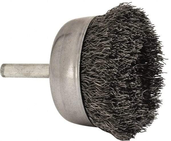 Made in USA - 2-1/4" Diam, 1/4" Shank Crimped Wire Steel Cup Brush - 0.0104" Filament Diam, 5/8" Trim Length, 13,000 Max RPM - All Tool & Supply