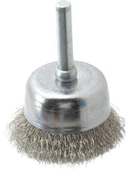 Made in USA - 1-3/4" Diam, 1/4" Shank Crimped Wire Stainless Steel Cup Brush - 0.006" Filament Diam, 3/4" Trim Length, 13,000 Max RPM - All Tool & Supply