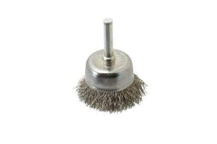 Made in USA - 1-3/4" Diam, 1/4" Shank Crimped Wire Stainless Steel Cup Brush - 0.014" Filament Diam, 3/4" Trim Length, 13,000 Max RPM - All Tool & Supply