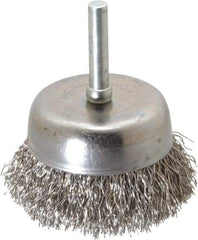 Made in USA - 2-1/4" Diam, 1/4" Shank Crimped Wire Stainless Steel Cup Brush - 0.014" Filament Diam, 5/8" Trim Length, 13,000 Max RPM - All Tool & Supply